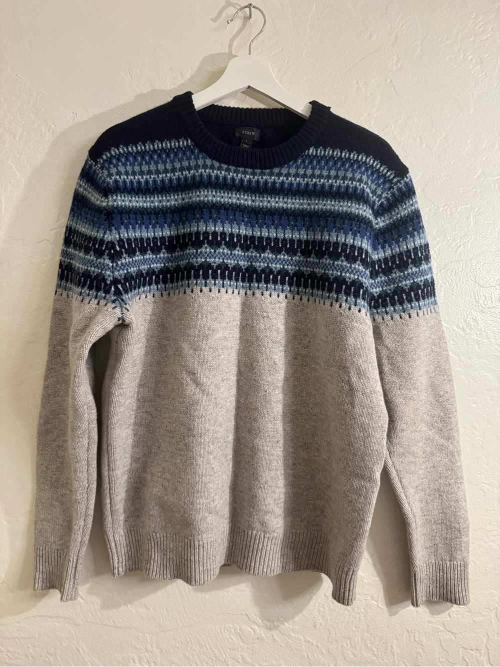 J.Crew Men’s 100% Lambswool Fair Isle Sweater Gray Blue Size L